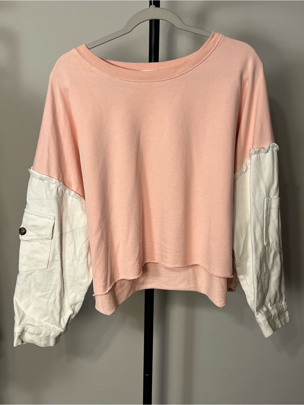 Dance & Marvel Pink Pullover with White Utility Denim Sleeves Oversized Medium